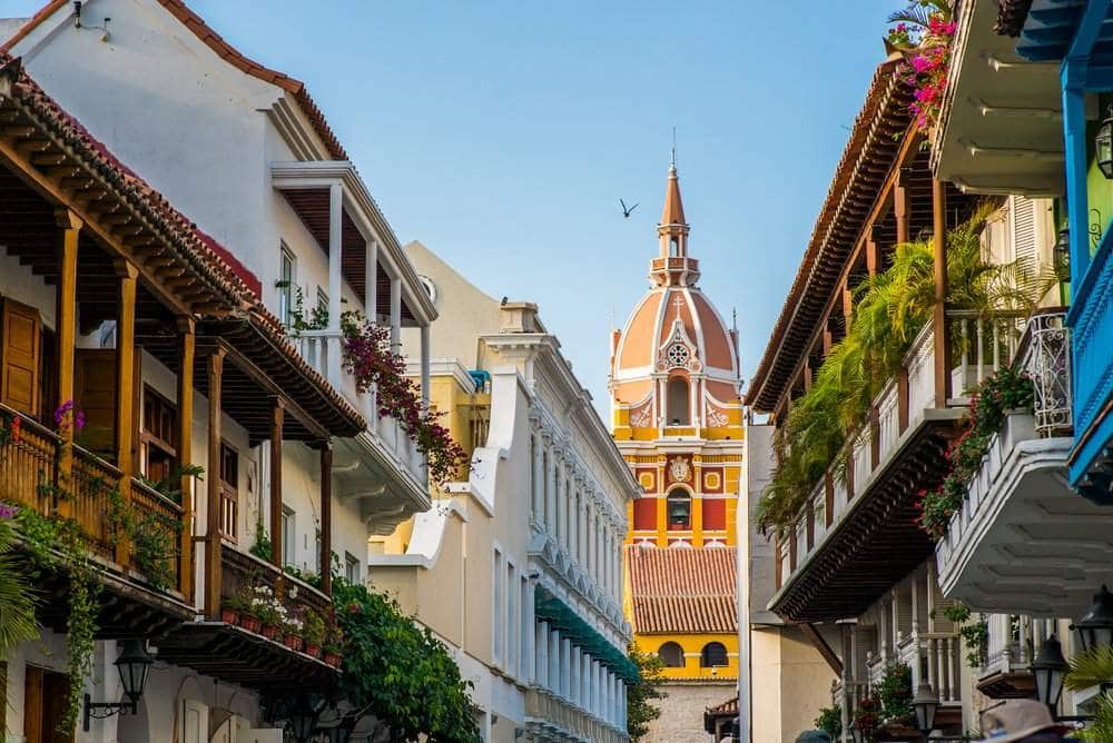 Balconies and the tower of the cathedral of Cartagena