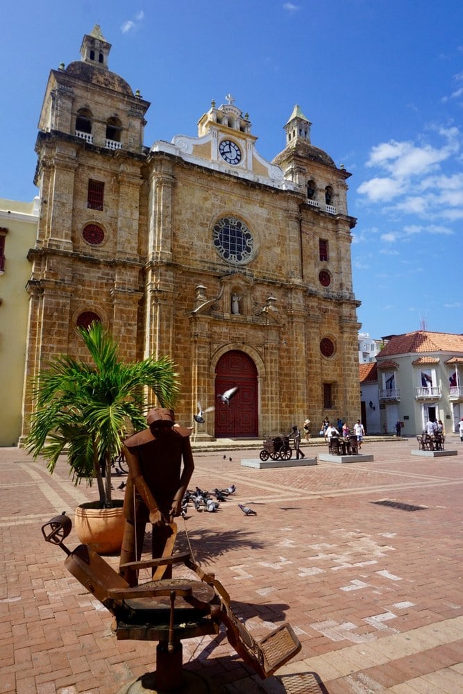 Statues and San Pedro Claver Church in Cartagena