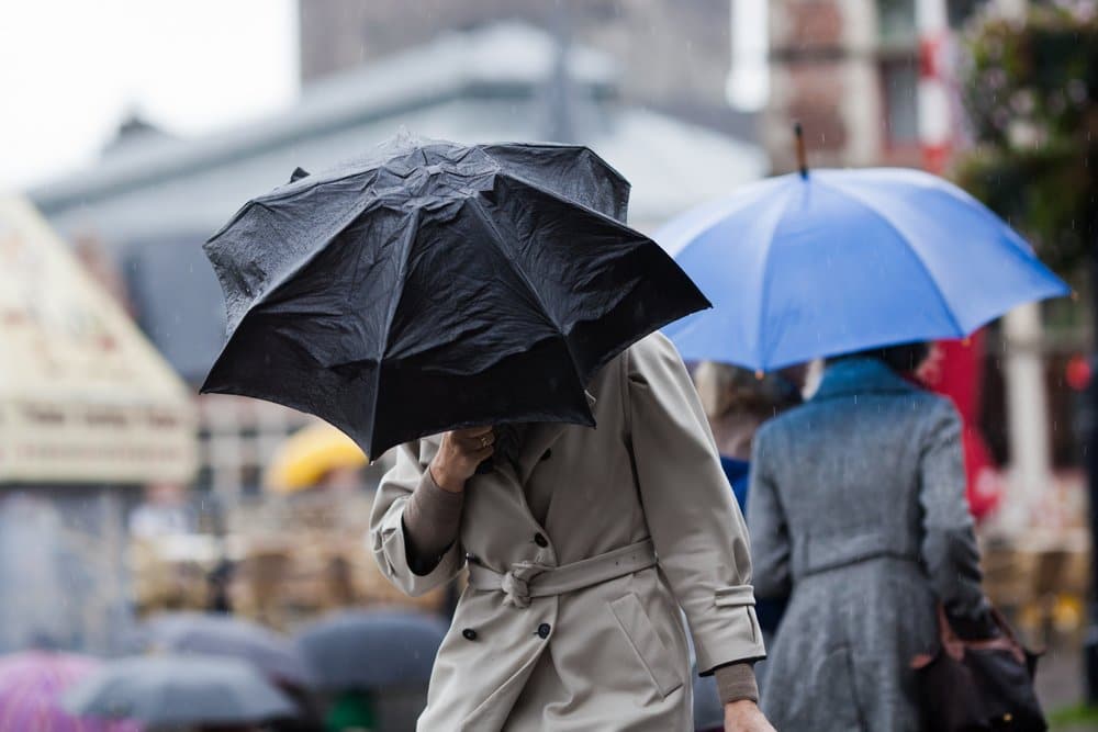 People walking in rain with umbrella